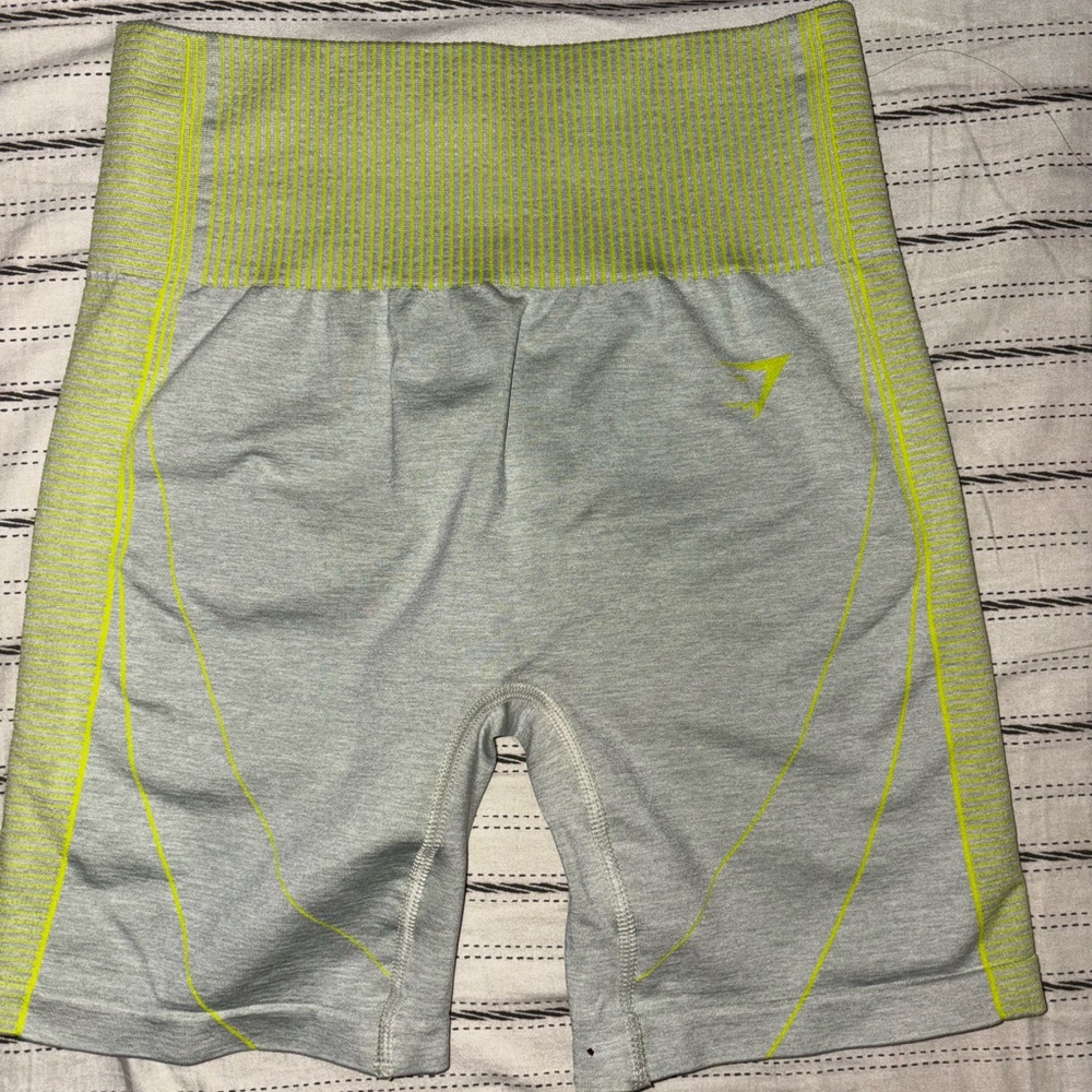 Gymshark Gray and Yellow Bike Shorts High-Waisted Athletic Wear
